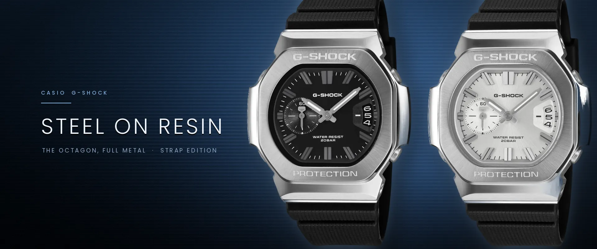 “Steel on Resin” banner — the two GMC-2500 strap models, black and silver dial.