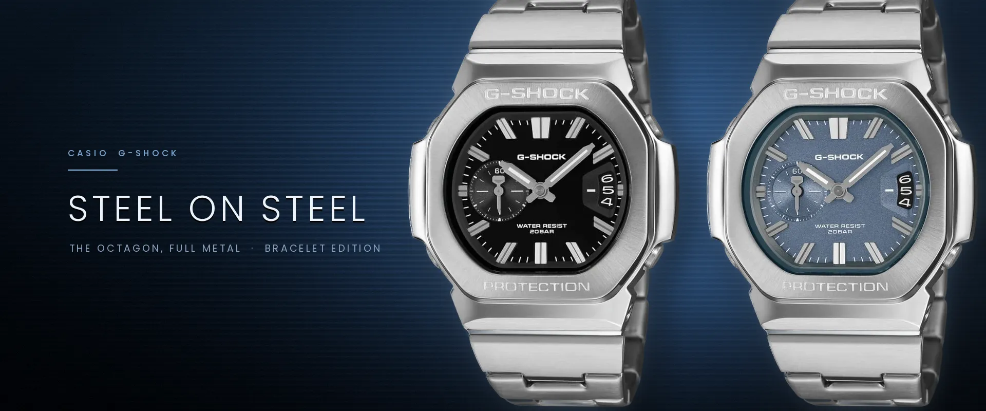 “Steel on Steel” banner — the two GMC-2500D bracelet models, black and blue.