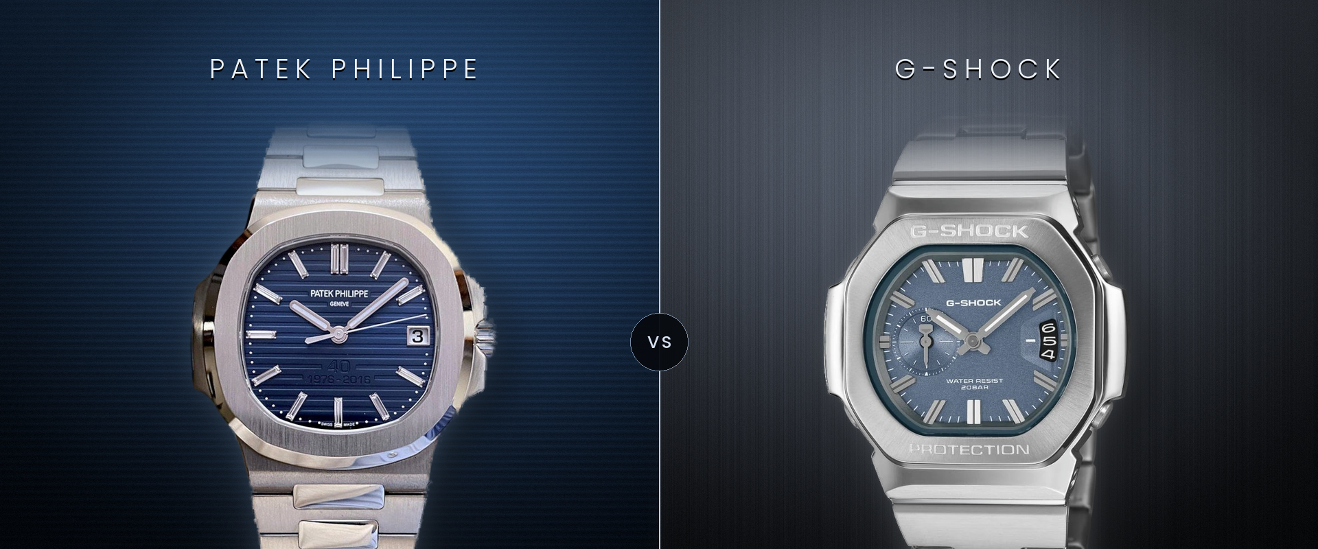 Split-screen comparison: a blue-dial Patek Philippe Nautilus on the left, a blue-dial G-Shock GMC-2500D on the right, both on steel bracelets.
